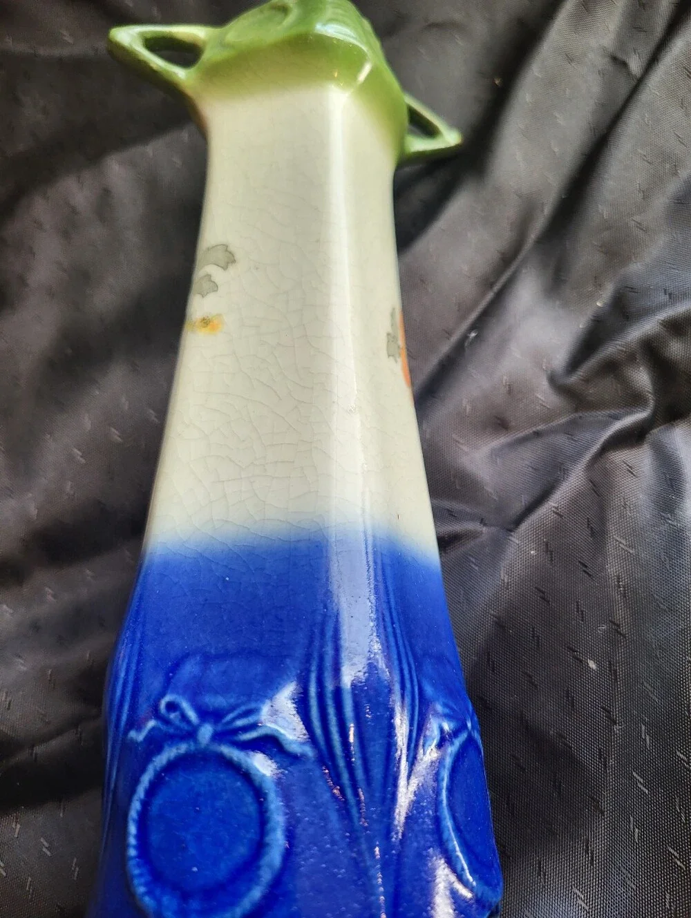 Vintage Cechalovakia 7 Inch Floral Ceramic Vase in Blue, Cream & Orange